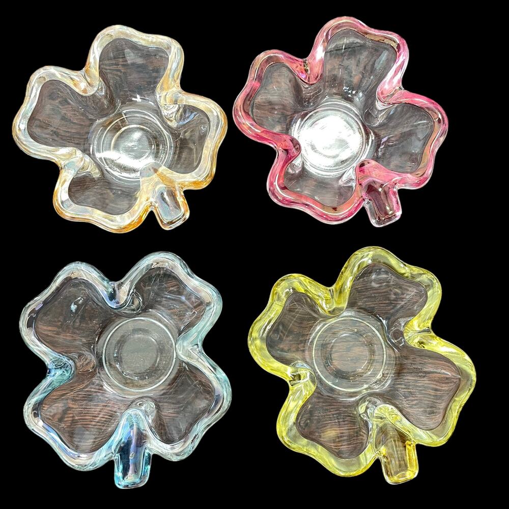 Vintage Glass Four Leaf Clover Trinket Ashtray Candy Dish Shamrock Lot of 4 MCM